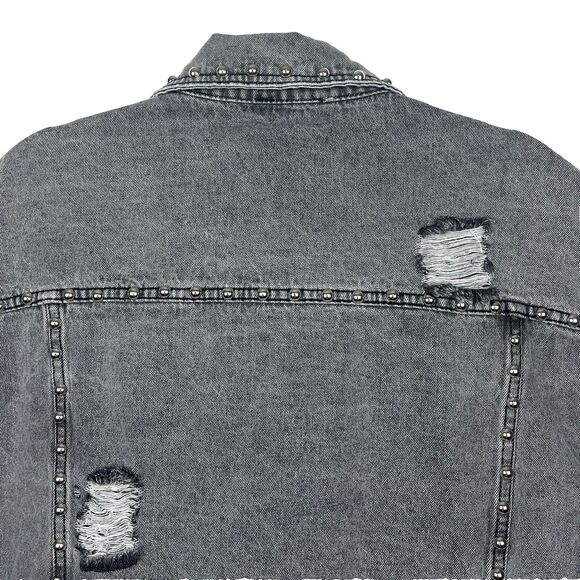 Denim Jean Jacket Womens SZ M Gray Button down Distressed Ripped Silver studs - Picture 5 of 13